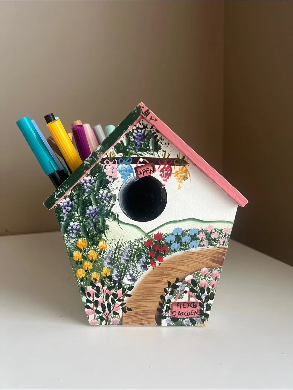 Hand Painted Floral Wooden Decorative Pen & Marker Holder in Multicolor